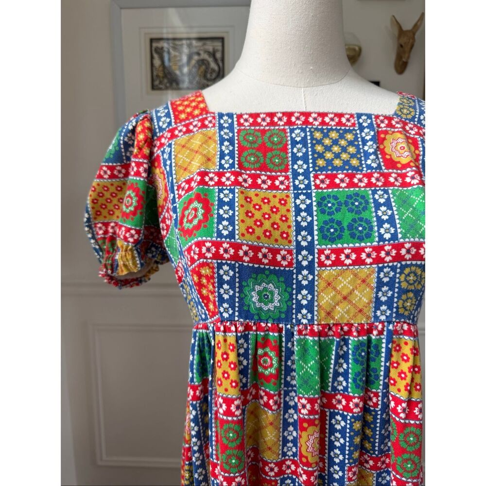 Vintage 70s Empire Waist Maxi Dress Colorful Bandana Folkart Print S - Picture 2 of 6